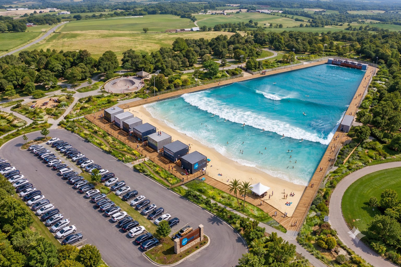 Aerial of rectangular lagoon, parking and containers